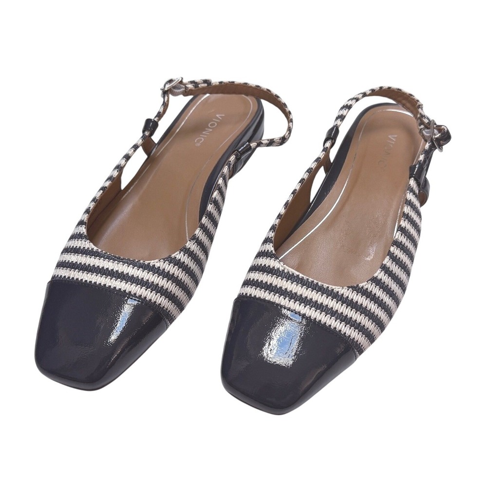 Vionic Petaluma Navy Striped Slingback Flats Patent Cap Toe Womens 9 Orthotic - Picture 2 of 6